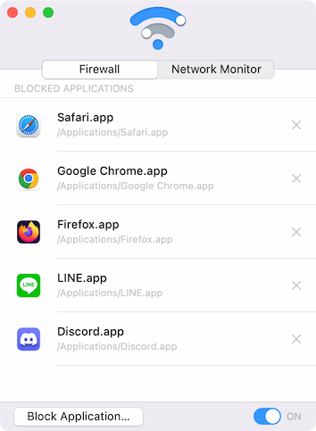 Screenshot of Radio Silence app on macOS, showcasing its user interface with a list of blocked and allowed applications and a toggle switch to enable or disable the firewall.