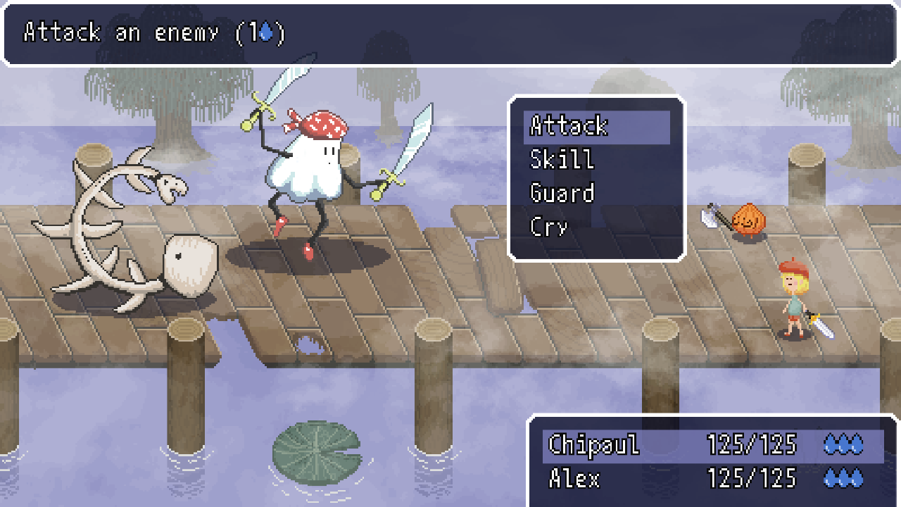 Pixel art of a turn-based combat scene on a wooden bridge, featuring Chipaul the onion man facing off against a ghostly enemy with a mushroom bandana and a sword. Alex stands with a sword. An action menu with options 'Attack', 'Skill', 'Guard', and 'Cry' is displayed
