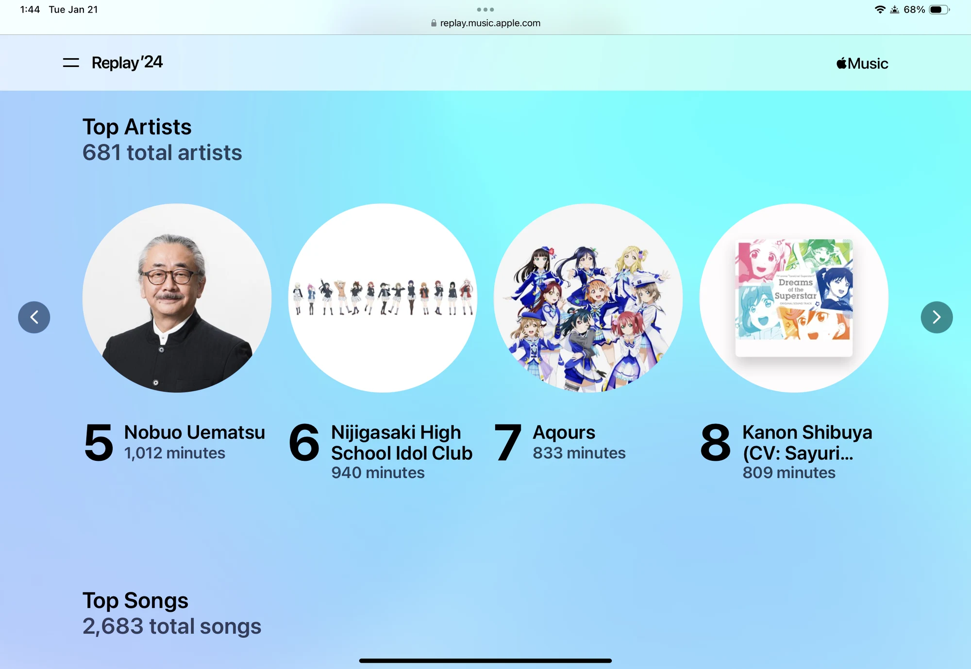 Apple Music Replay 2024 showing top albums: 5. Fly with You!! - Nijigasaki High School Idol Club - 437 min 6. FINAL FANTASY X (Original Soundtrack) - Junya Nakano, Masashi Hamauzu - 309 min 7. Nebula Romance: Part I - Perfume - 289 min 8. FINAL FANTASY VII (Original Soundtrack) - Nobuo Uematsu - 254 min