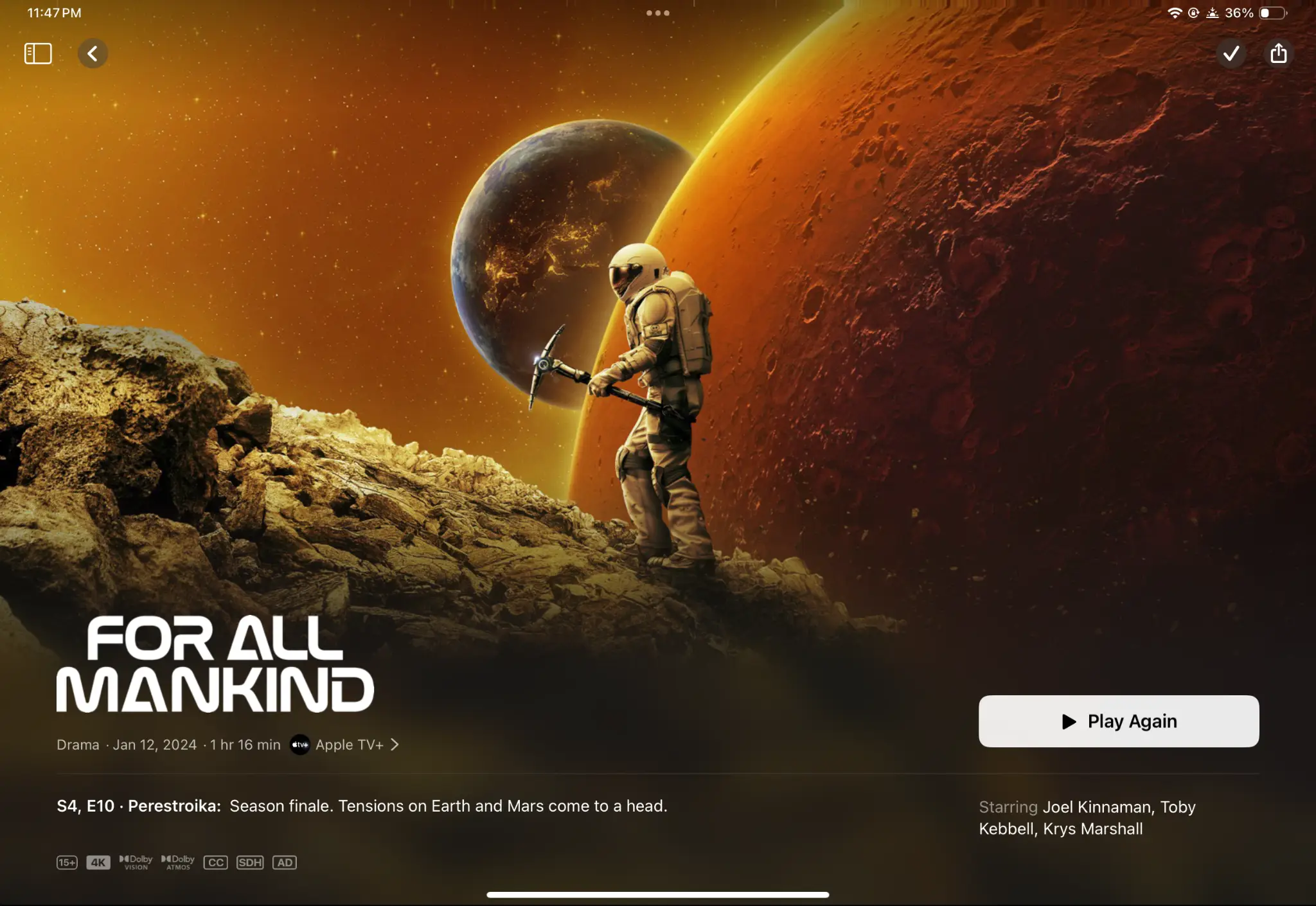 Screenshot of the Apple TV+ interface for the show For All Mankind, showing the episode details for S4 E10 Perestroika with an astronaut on a rocky surface against a space backdrop featuring Earth and Mars