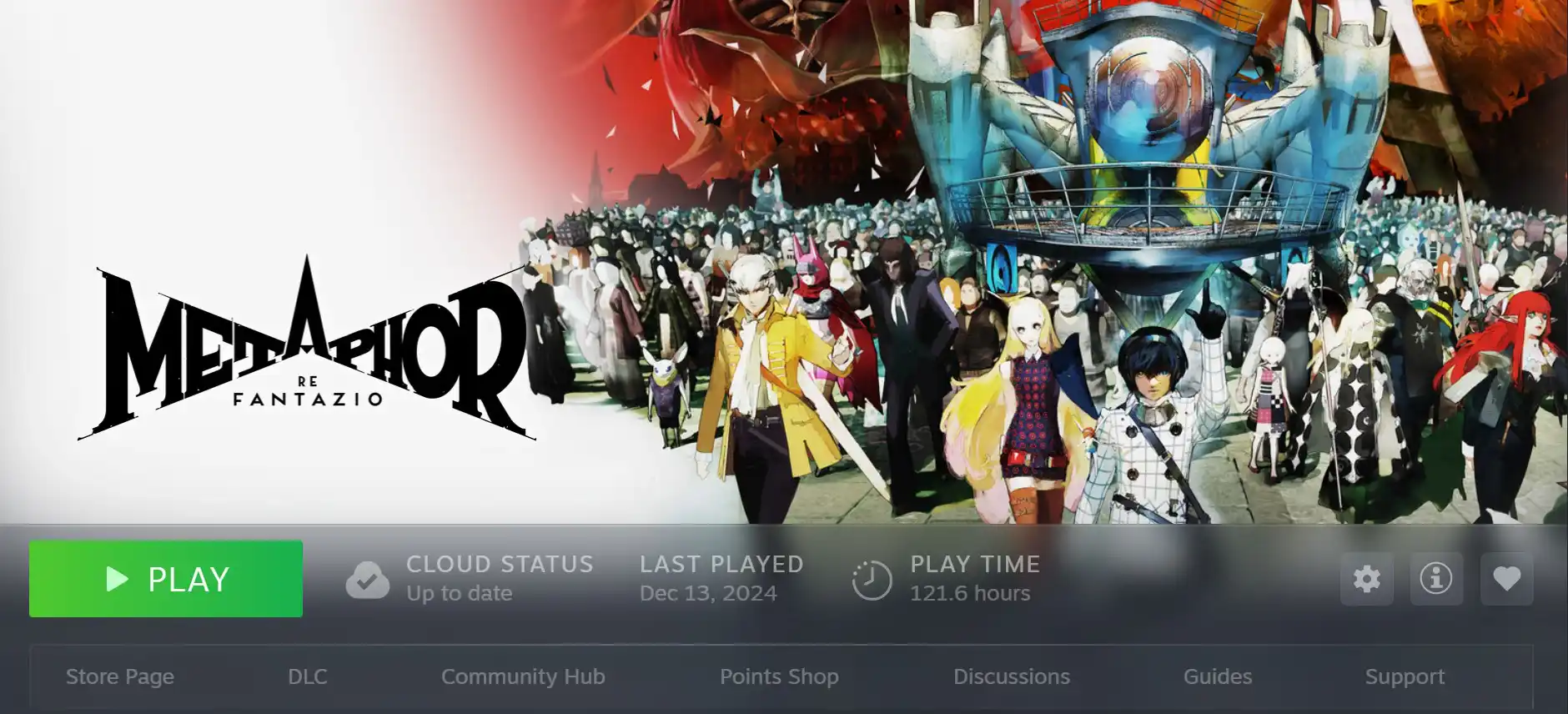 Steam game page for Metaphor: ReFantazio, showing key art and 121.6 hours of playtime