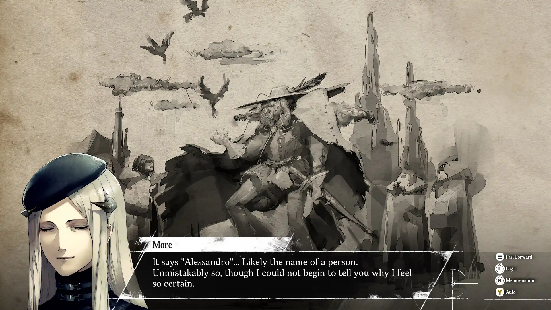 Character More from Metaphor: ReFantazio in a dialogue scene. This portrait shows him as pale-skinned with long, straight, light blonde hair, wearing a dark beret with small metallic horns. His eyes are closed, and he has a slight smile