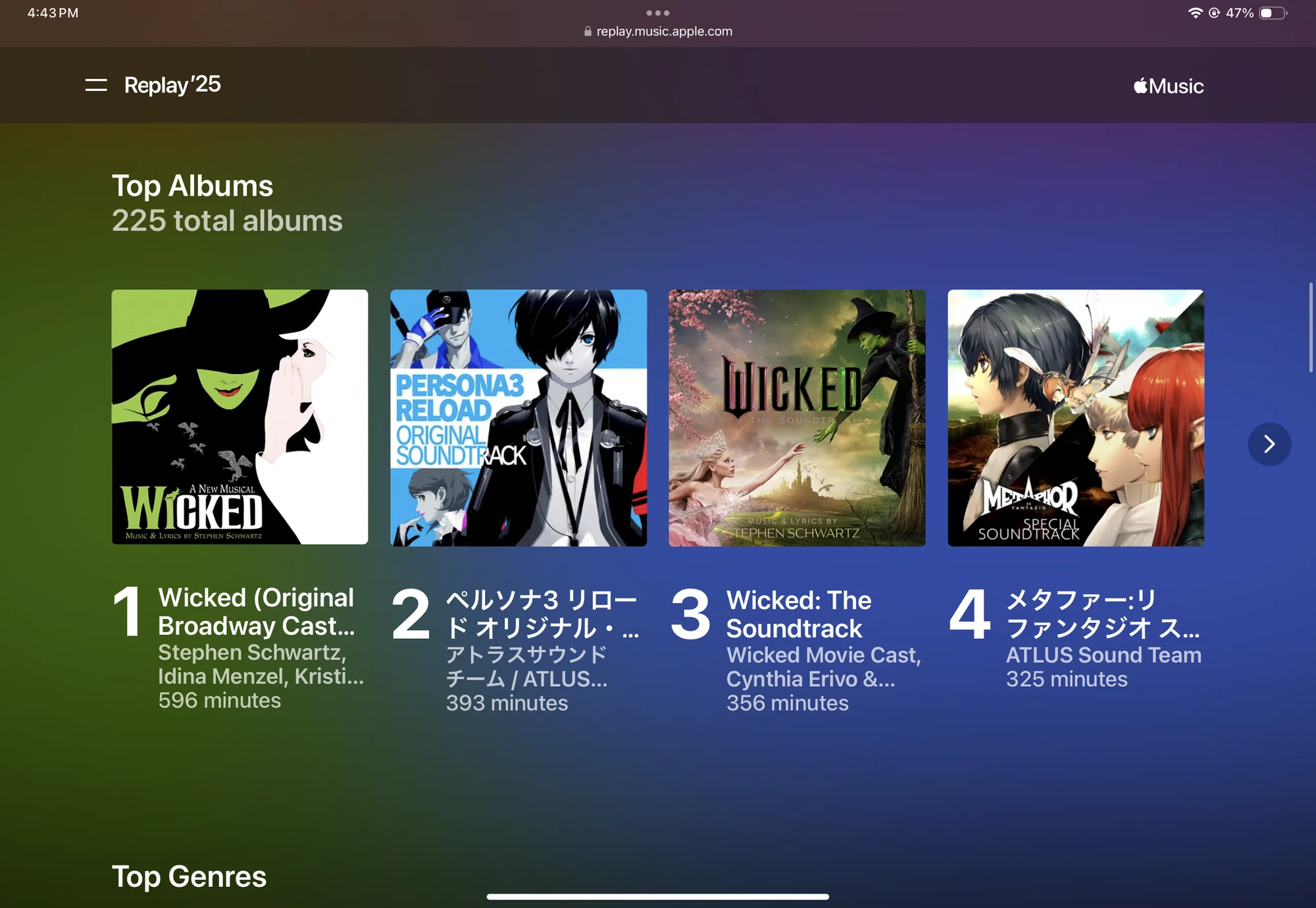 Apple Music Replay 2025 showing top albums: 1. Wicked (Original Broadway Cast Recording) - Stephen Schwartz, Idina Menzel, Kristin Chenoweth - 596 min 2. ペルソナ3 リロード オリジナル・サウンドトラック (Persona 3 Reload) - ATLUS Sound Team - 393 min 3. Wicked: The Soundtrack - Wicked Movie Cast, Cynthia Erivo & Ariana Grande - 356 min 4. メタファー：リファンタジオ スペシャル・サウンドトラック (Metaphor: ReFantazio) - ATLUS Sound Team - 325 min
