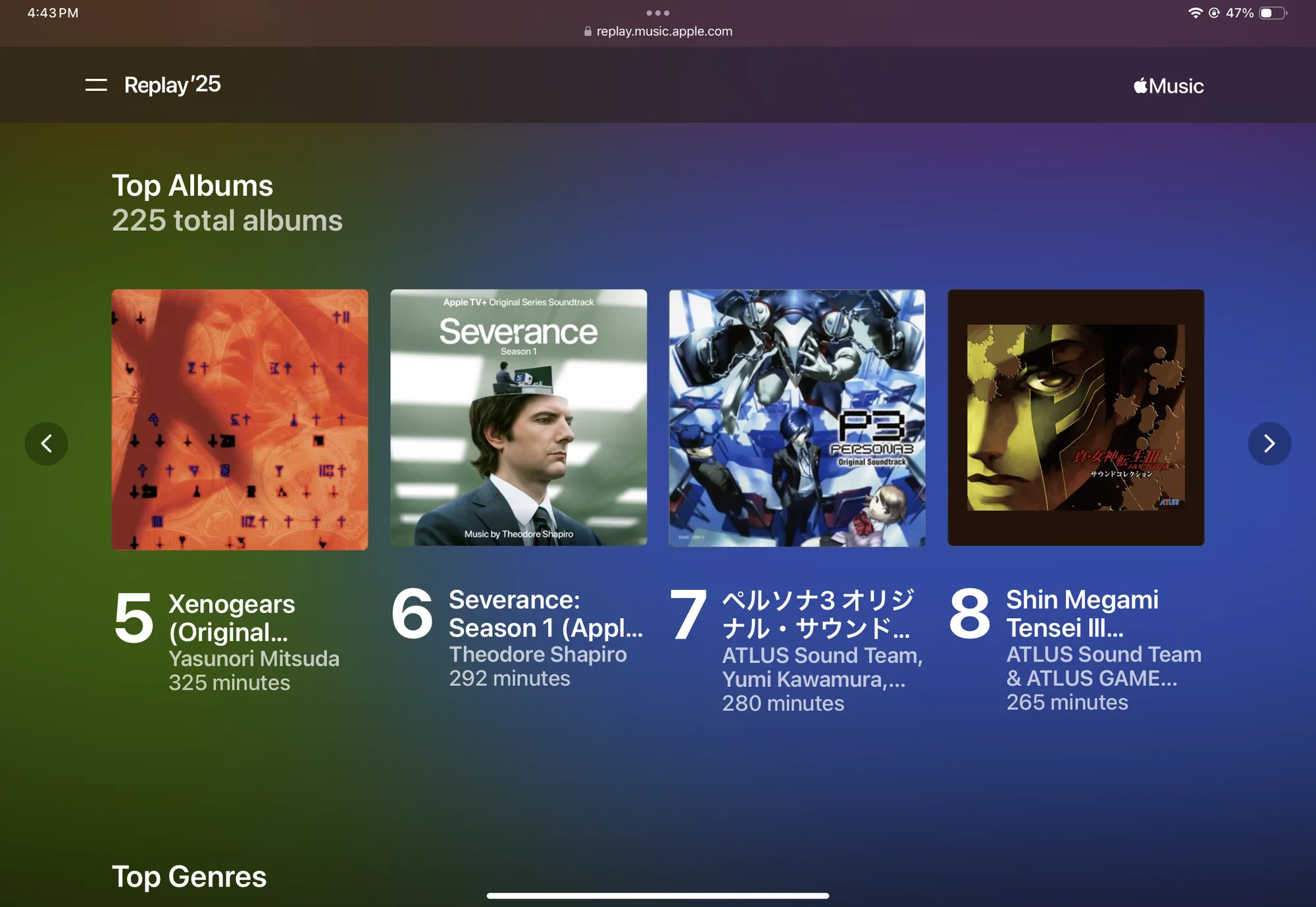Apple Music Replay 2025 showing top albums: 5. Xenogears (Original Soundtrack) - Yasunori Mitsuda - 325 min 6. Severance: Season 1 (Apple TV+ Original Series Soundtrack) - Theodore Shapiro - 292 min 7. ペルソナ3 オリジナル・サウンドトラック (Persona 3) - ATLUS Sound Team, Yumi Kawamura - 280 min 8. Shin Megami Tensei III NOCTURNE Sound Collection - ATLUS Sound Team - 265 min
