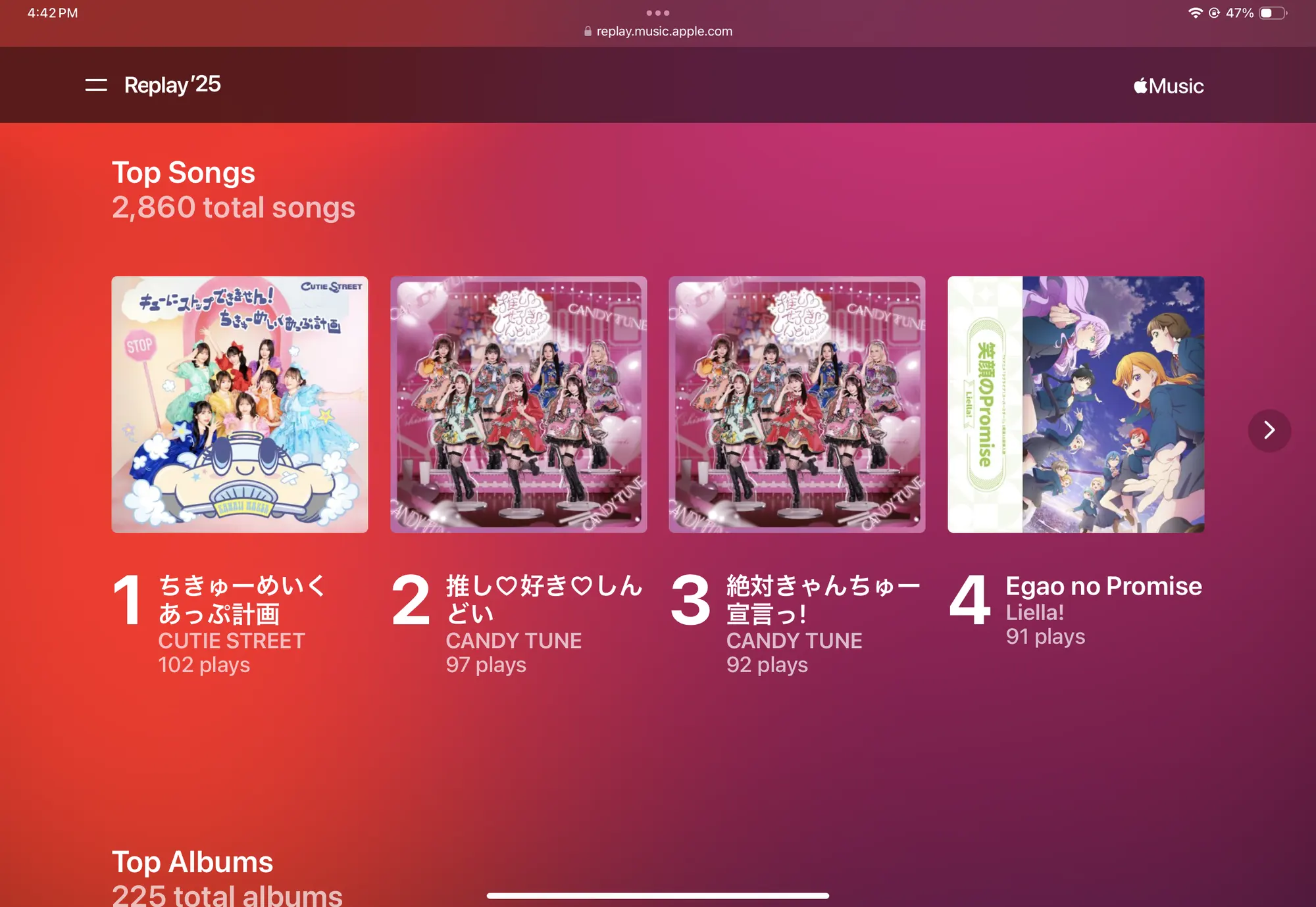 Apple Music Replay 2025 showing top songs: 1. ちきゅーめいくあっぷ計画 - CUTIE STREET - 102 plays 2. 推し♡好き♡しんどい - CANDY TUNE - 97 plays 3. 絶対きゃんちゅー宣言っ！ - CANDY TUNE - 92 plays 4. Egao no Promise - Liella! - 91 plays