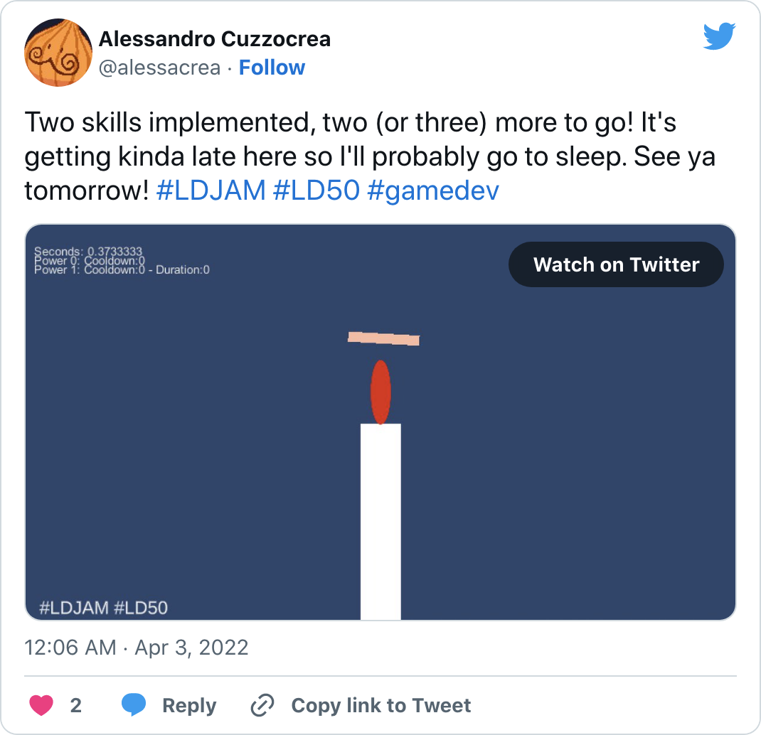 Two skills implemented, two (or three) more to go! It's getting kinda late here so I'll probably go to sleep. See ya tomorrow! #LDJAM #LD50 #gamedev